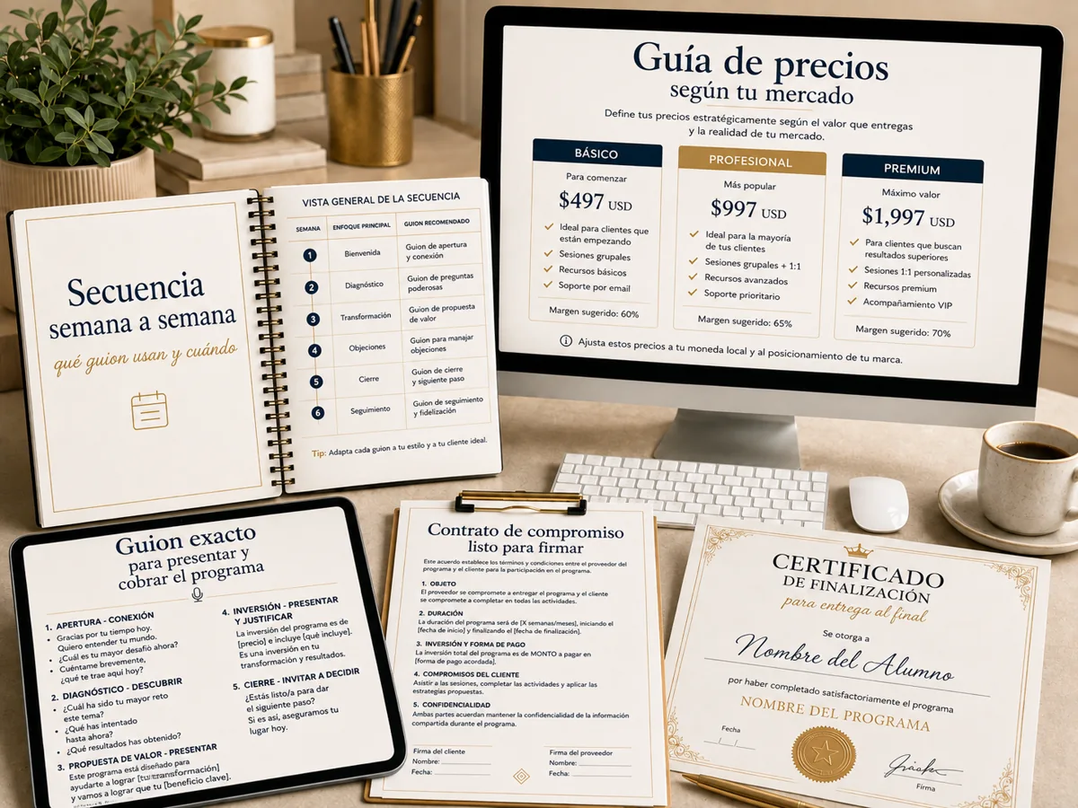 Programa de 12 Semanas: secuencia semana a semana, certificado, contrato, guion de venta y guía de precios